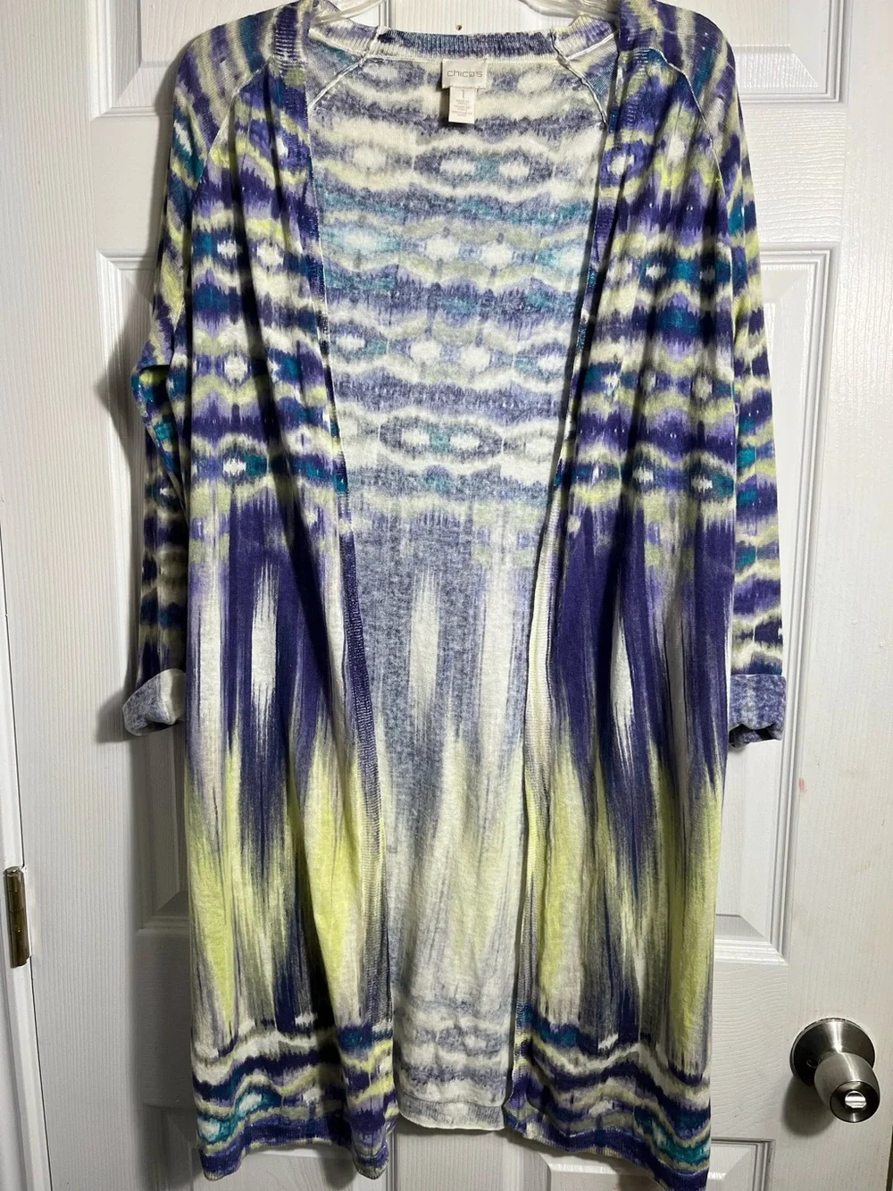 Chicos Linen Cardigan in Purple, Blue & Yellow 1